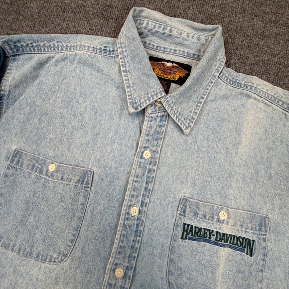 Harley-Davidson Other - Harley-Davidson Denim Shirt Mens XL Light‎ Wash Long Sleeve Biker FADE PLS READ
